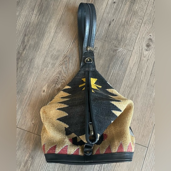 Kilim Black and Tan Tapestry Small Backpack with Black Leather Trim - Picture 3 of 16